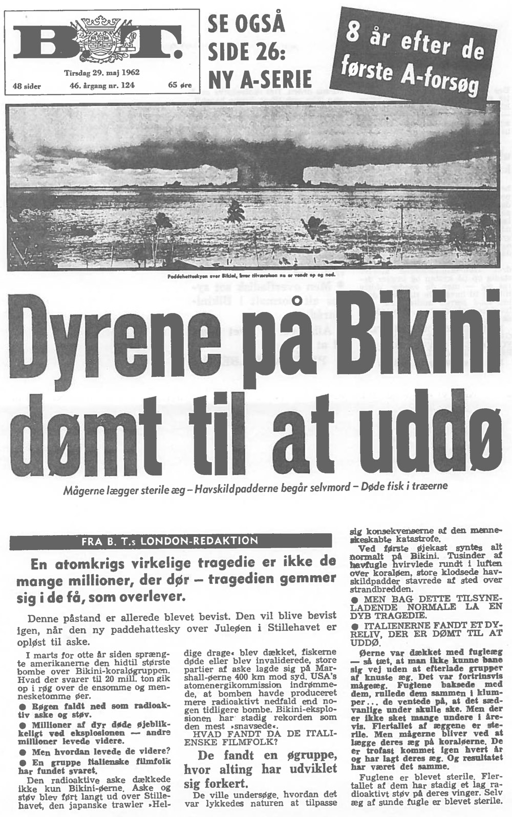 [Avisartikel: Dyrene på Bikini dømt til at uddø] 