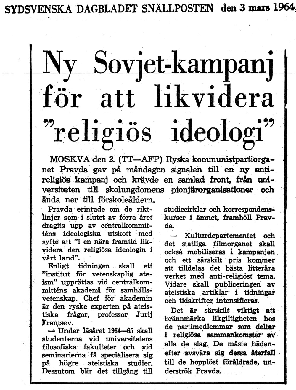 [Avisartikel:] Ny Sovjet-kampanj för att likvidera 'religiös ideologi'