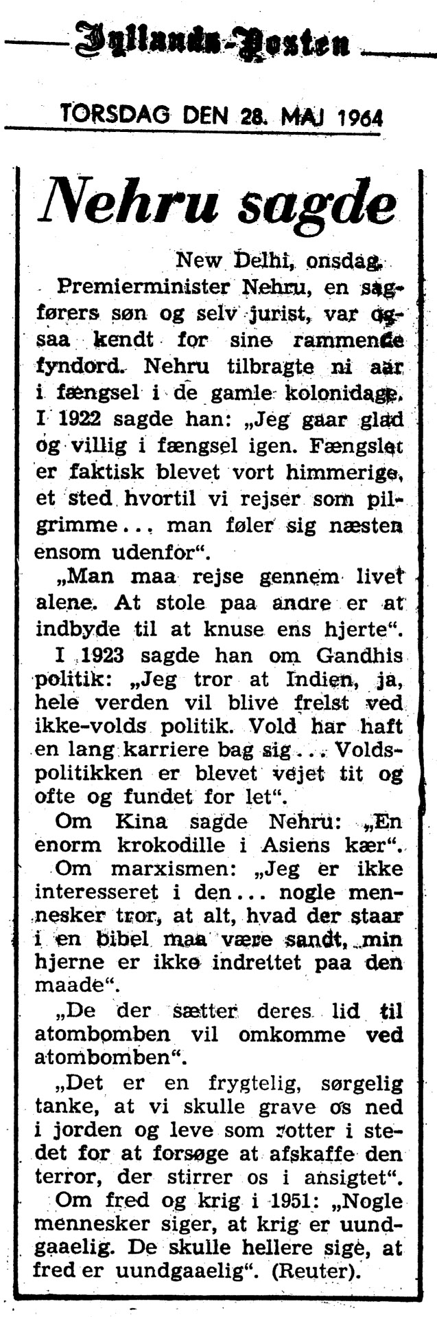 [Avisartikel:] Nehru sagde