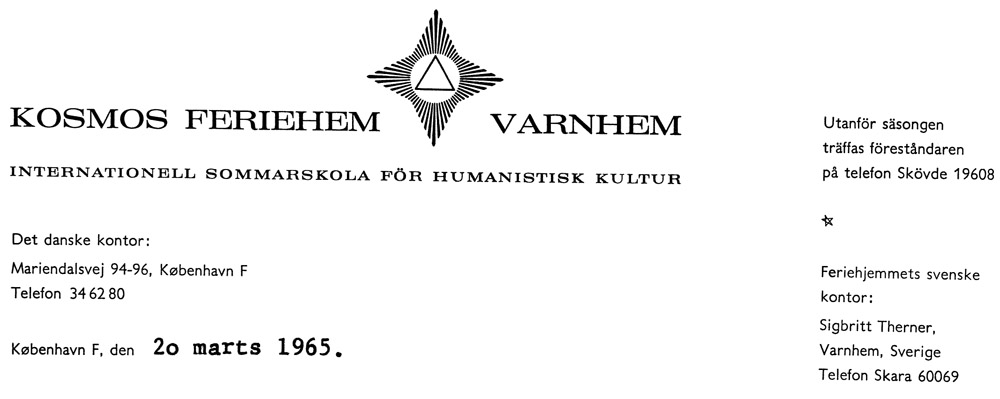 Kosmos feriehem Varnhem København F, den 20 marts 1965
