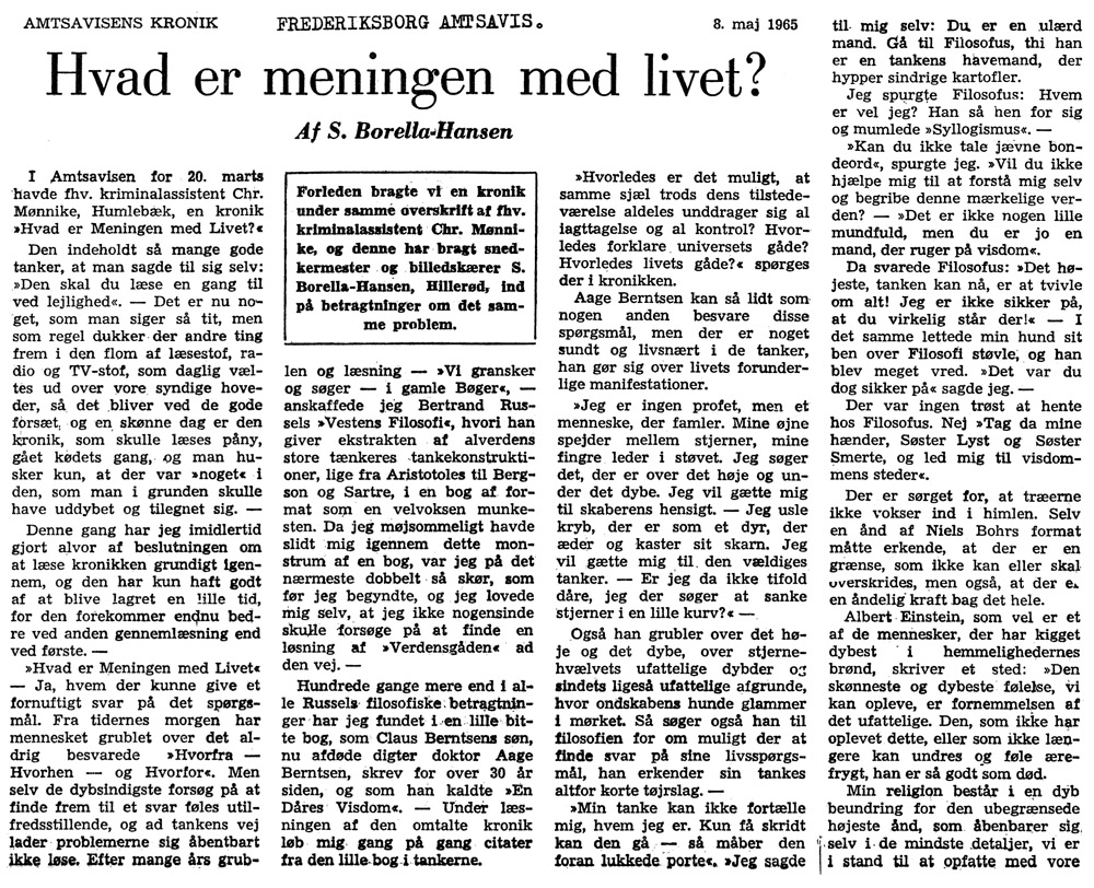 [Avisartikel:] Hvad er meningen med livet?