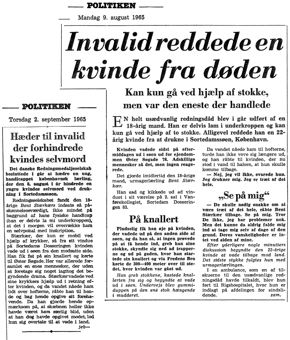 [Avisartikler:] Invalid reddede en kvinde fra døden. Hæder til invalid der forhindrede kvindes selvmord