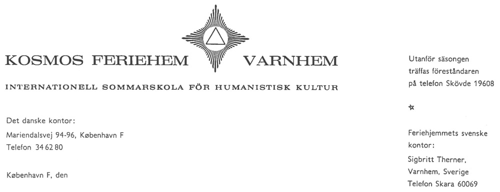[Brevlogo:] Kosmos Feriehem Varnhem