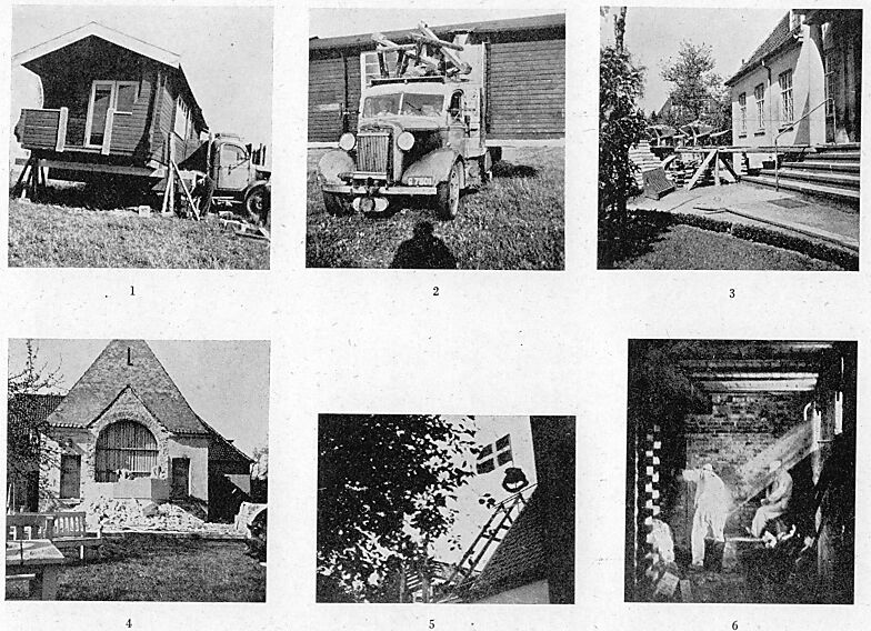 1. 2. Fra Tilbageflytningen af vore Sommerhuse. Foto: Inger Gaarde. - 3. 4. 5. 6. Fra Bureauets Ombygning. Foto: Martinus. Som bekendt er 'Livets Bogs Bureau' under Ombygning for derved at faa skabt Plads til Undervisningslokaler for nye Studiehold. Udførlig Artikel senere.