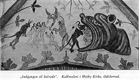 'Indgangen til helvede'. Kalkmaleri i Højby Kirke, Odsherred.