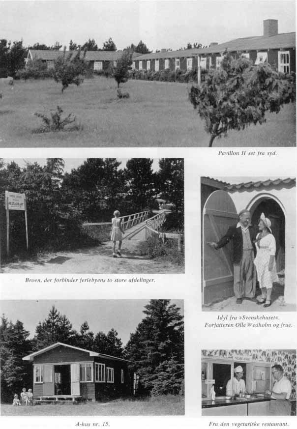 Pavillon II set fra syd. Broen, der forbinder feriebyens to store afdelinger. 
Idyl fra »Svenskehuset«. Forfatteren Olle Wedholm og frue. 
A-hus nr. 15. Fra den vegetariske restaurant.