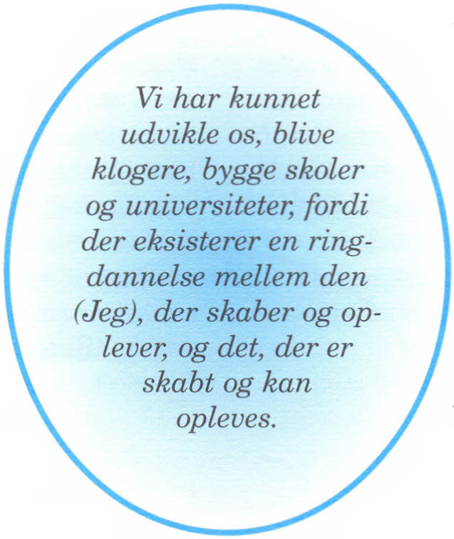 Vi har kunnet udvikle os, blive klogere, bygge skoler og universiteter, fordi der eksisterer en ringdannelse mellem den (Jeg), der skaber og oplever, og det, der er skabt og kan opleves.